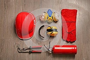 Flat lay composition with safety equipment