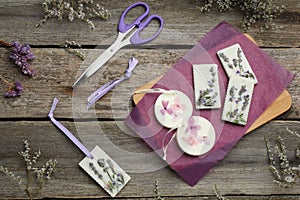 Flat lay composition with scented sachets on wooden table