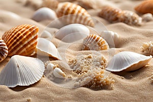 Flat Lay Composition with Seashells and Starfish on Beach Sand Background