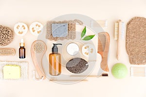 Flat lay composition with self-care products and herbal cosmetics for bodycare and skin care. Natural bath accessories bundle