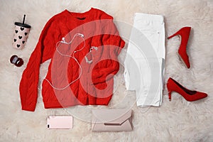 Flat lay composition with set of stylish winter outfit