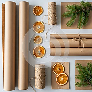Rustic Christmas Gift Wrapping Supplies Flat Lay