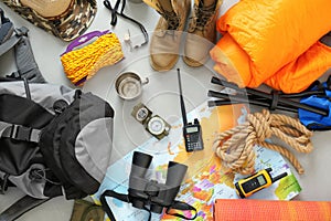 Flat lay composition with sleeping bag