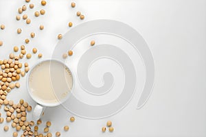 Flat lay composition of soybean milk on white background with copy space. Concept Still Life