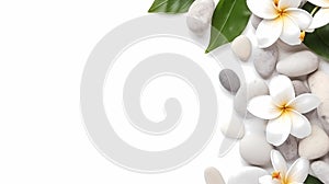 Flat lay composition with spa stones and beautiful jasmine flowers on white background