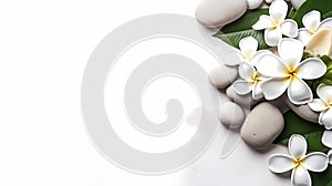 Flat lay composition with spa stones and beautiful jasmine flowers on white background