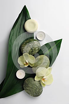 Flat lay composition with spa stones, green leaves and beautiful flowers on white table