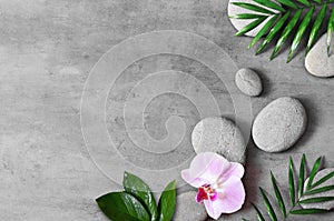 Flat lay composition with spa stones, orhid pink flower on grey background