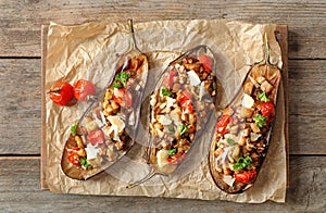 Flat lay composition with stuffed eggplants