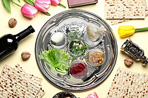 Flat lay composition with symbolic Passover Pesach items and meal