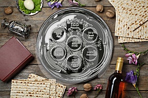 Flat lay composition with symbolic Passover Pesach items