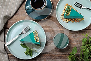 Flat lay composition with tasty spirulina cheesecake