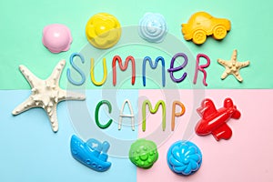 Flat lay composition with text SUMMER CAMP made of modelling clay