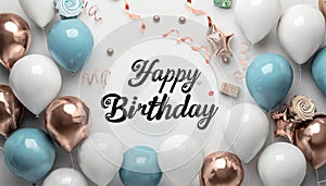 Flat lay composition with trendy balloons and greeting HAPPY BIRTHDAY on light background