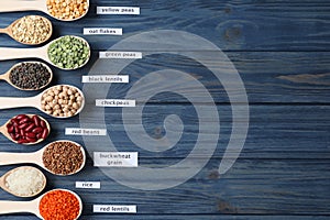 Flat lay composition with types of legumes and cereals on blue wooden table, space for text. Organic grains