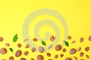 Flat lay composition with walnuts and space for text