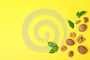 Flat lay composition with walnuts and space for text