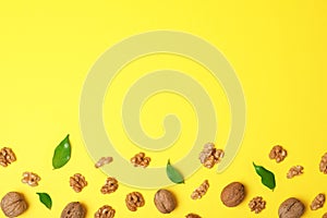 Flat lay composition with walnuts and space for text