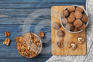 Flat lay composition with walnuts and space for text