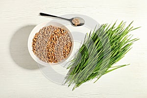 Flat lay composition with wheat green grass and seeds on white wooden background.