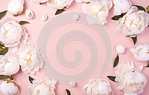 Flat lay composition with white peony flowers on light pink background. International Women day, Mother Day concept. Ai generated.