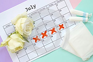 Flat lay composition with white roses and menstrual tampons and pad packs on menstruation period calendar and blue pink and lilac