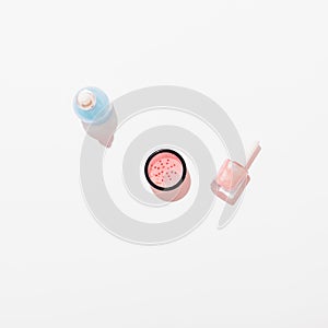 Flat lay composition of women's cosmetic products