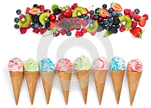 Flat lay concept of different ice cream cones and berries