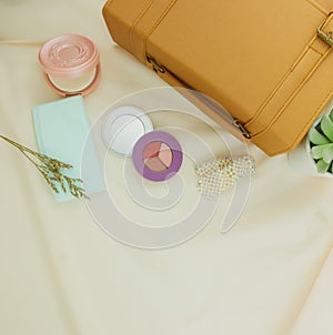Flat lay cosmetics,accessories and copy space