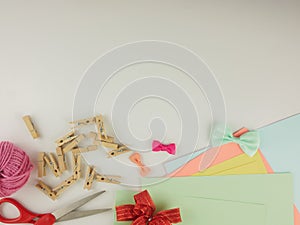 Flat lay craft tools on white desk with copy space