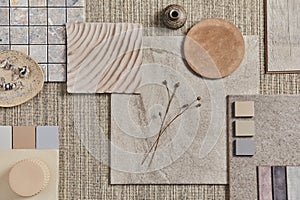 Flat lay of creative design of beige architect moodboard composition with samples of building, neutral textile.