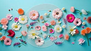 Flat lay creative illustration concept of fresh field Spring flowers on pastel blue background. Beautiful pink bloomed flowers.