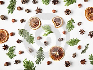 Flat lay creative natural Background of parts plants and spices. Thuja, cones, dry orange slices, spices on white background. Top