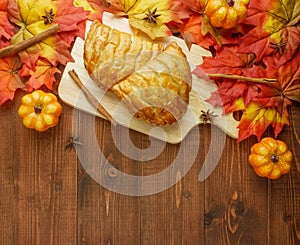 Flat lay Croissants on wooden food table top view