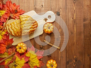Flat lay Croissants on wooden food table top view