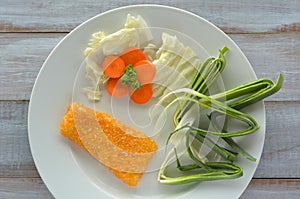 Flat lay of Crumbed fish fillet served on a plate photo