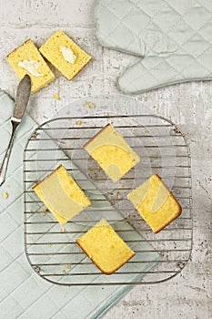 Flat lay of delicious cornbread on a cooling rack