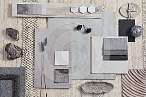 Flat lay design of creative architect moodboard composition with samples of building, beige textile and natural materials.