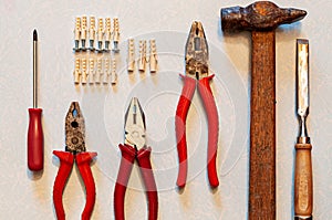 Flat lay with different building tools