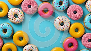 Flat lay donuts pattern isolated background. Top view. Generative AI