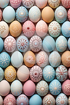 Flat lay of Easter eggs in mandala design with soft hues