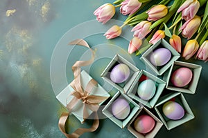 flat lay of Easter eggs with tulip flowers and gift boxes on blue gray background. space for text