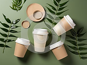 flat-lay of eco-friendly coffee to go cups with green leaves on a green background, environmentally friendly, disposable