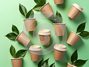 flat-lay of eco-friendly coffee to go cups with green leaves on a green background, environmentally friendly, disposable