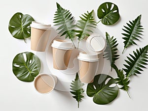 flat-lay of eco-friendly coffee to go cups with green leaves on a white background, environmentally friendly, disposable