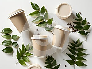 flat-lay of eco-friendly coffee to go cups with green leaves on a white background, environmentally friendly, disposable