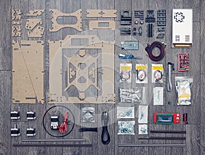 Flat lay of electronic and mechanical parts and components of DI