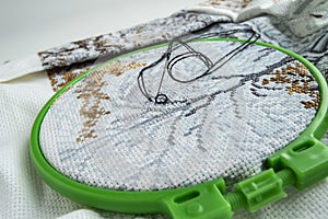 Flat lay embroidery Hoop with canvas and bright sewing thread and embroidery needle