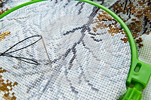 Flat lay embroidery Hoop with canvas and bright sewing thread and embroidery needle
