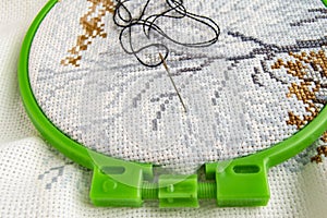 Flat lay embroidery Hoop with canvas and bright sewing thread and embroidery needle